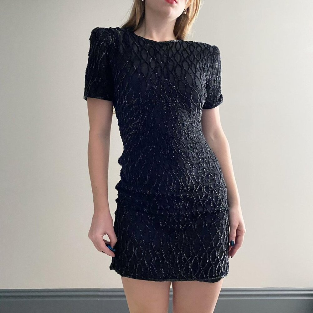 Vintage 60s black sequin silk mini dress